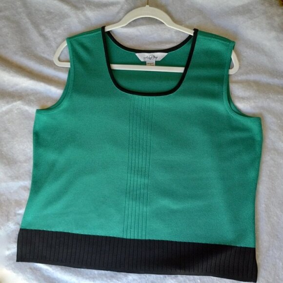 Ming Wang Tank Top Stretch Knitted Ribbed Bottom Edging Side Slits Black Green L - Picture 4 of 13